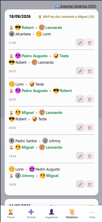 Tela mobile real do histórico de partidas