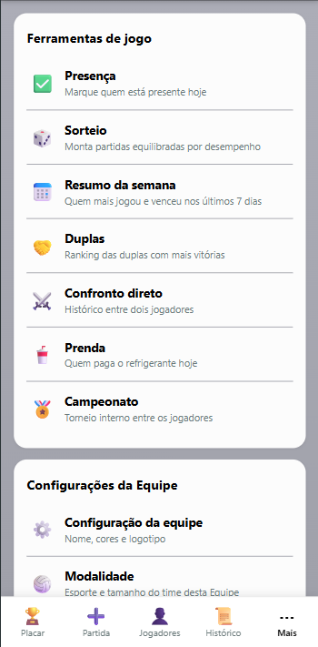 Tela mobile real com ferramentas de jogo e configurações da equipe