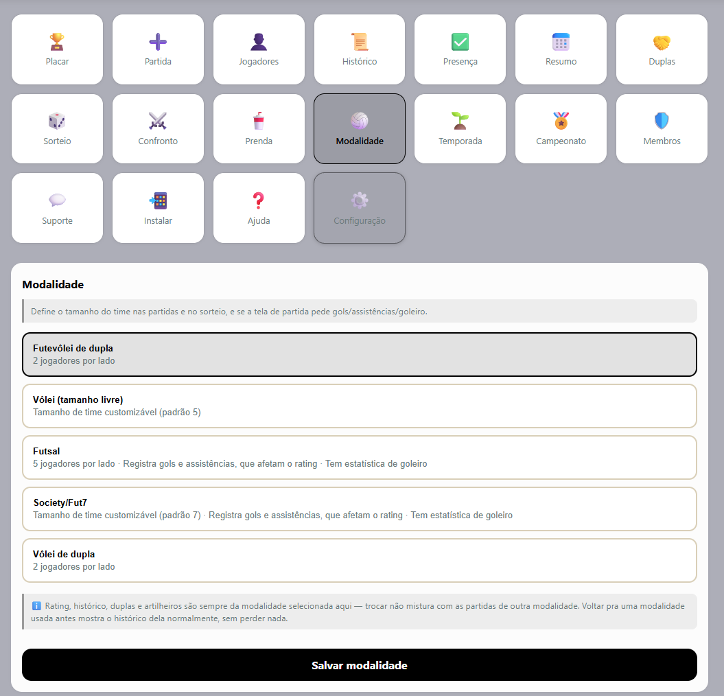 Tela web real de configuração de modalidade